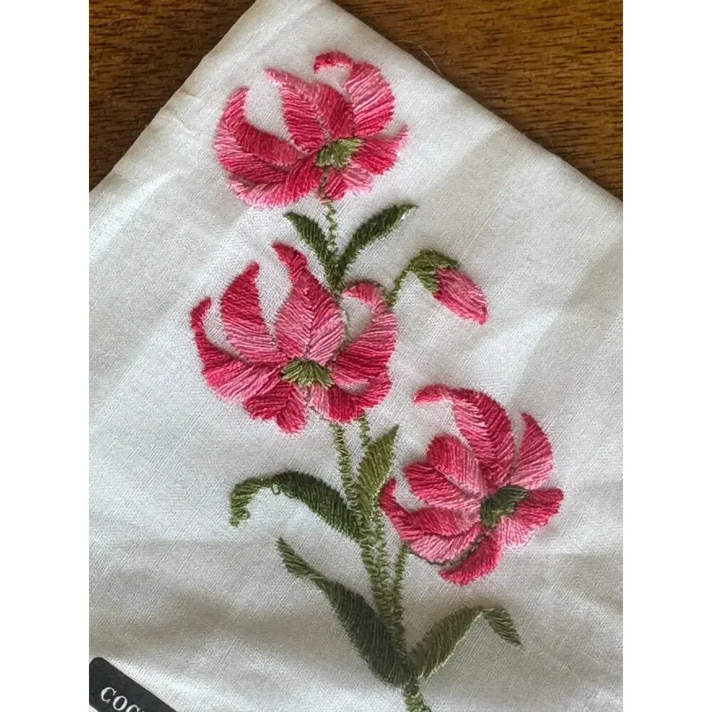 Vintage 1950s Swiss Cotton Cocktail Napkin Embroidered Floral NOS